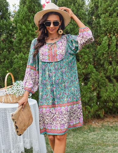 Image of Bluetime Women Casual Summer Dress Boho V Neck 3 /4 Sleeve Babydoll Floral Print Flowy Beach Dress