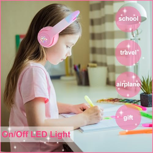Image of Kids Wireless Headphones LED Light up Cat Bluetooth Headphones, Color Changing Cat Ear Wireless Headsets with Microphone for Kids /Girls /School /Christmas (Pink Pro)