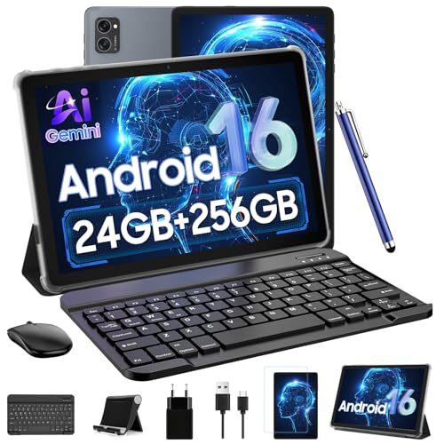 Tablet 10 Inch, Android 16 AI Tablets, 24GB +256GB/2TB, FHD Gaming Tablet With Pen and Keyboard Kits, 5G WiFi, Octa-Core, 8MP AI Camera, Widevine L1+Stereo Speaker, GPS, Fast Charge