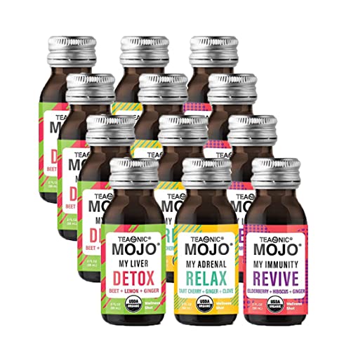 TEAONIC Wellness Shots - Variety Pack: Relax, Revive, Detox Shots, USDA-Certified Organic Wellness Shots, 12 Pack, 2 Fl. Oz Each