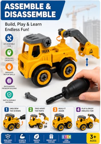 Image of TEC TAVAKKAL 4 in 1 Construction Vehicle Toys for Kids, DIY Assembly Engineering Truck Set with Screwdriver, Crane, Excavator, Missile Launcher & Fire Truck, Educational Toy (Set of 4 Vehicle Toys)