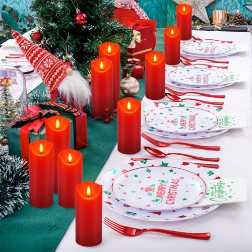 Image of fclayvts 24 Pack Red LED Candles with Remote & Timer - Flameless Pillar Candles with 3D Flickering Flame, Battery Operated for Christmas Tree, Table Centerpieces, Party Decor