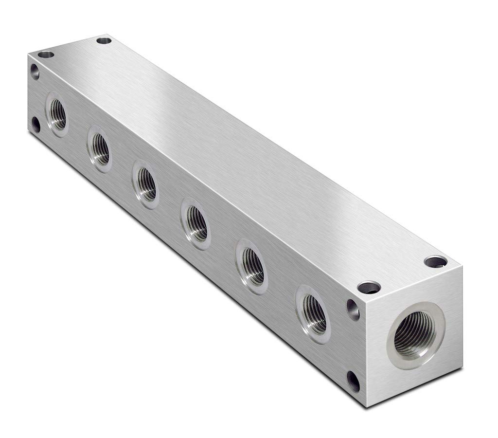 Flowfit Hydraulic Parallel Scheme Aluminium Manifold, 6 Station, 3/8" Bsp Inlets, 1/4" Bsp Service Ports