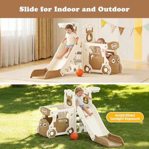 Image of XJD 10 in 1 Toddler Slide, Kids Slide for Toddlers 1-3, Toddler Play Climber Slide Playset with Basketball Hoop and Ball,Toddlers Outdoor Indoor Playground (Brown, Small)