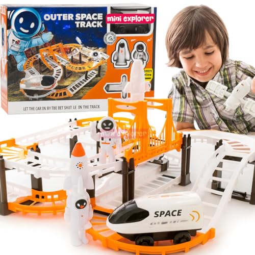 Image of Mini Explorer DIY Space Train Track Set for Kids | Assembled Space Adventure Track with Rocket, Satellite, Astronaut Figures & Spacecraft | Birthday Gift Toy for 3+ Year Old Boys & Girls