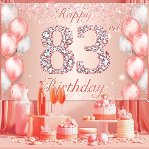 Image of Happy 83rd Birthday Rose Gold Banner Cheers to 83 Years Old Backdrop Confetti Balloons Theme Decor for Women 83 Years Old Pink Birthday Party Decorations Bday Supplies Background Favors Gift Glitter