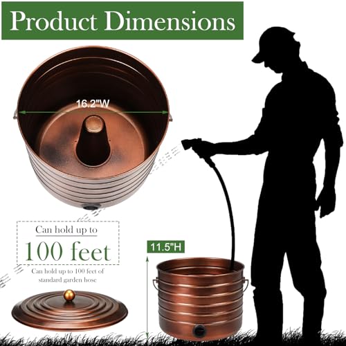 FillTouch Garden Hose Pot with Lid and Handle, Matte Brass Ribbed Steel Garden Hose Holder Water Hose Storage Container for Outside Backyard Patio, Holds 100ft Hose - Thumbnail 3