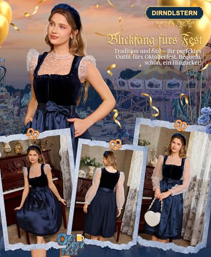 DIRNDLSTERN Damen Blau Samt - Dirndlkleid Midi 70cm mit Reißverschluss Oktoberfest Outfit 34