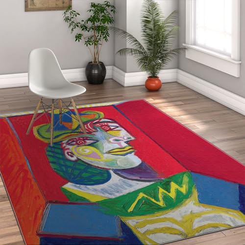 FEIPUHOME Art Cubism Art Portrait Rugs for Bedroom Mat Picasso Abstract Face Colorful Print Machine Washable Carpets Home Decor Accessories 2' x 4', Blue