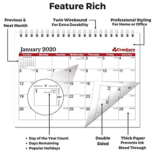 Cranbury Small 2020 Desk Calendar 8x6 (Red), Monthly Flip Desktop Counter Top Calandar with Bonus Planner Stickers for 2020 Calendars, Use to December 2020, Home or Office Calender
