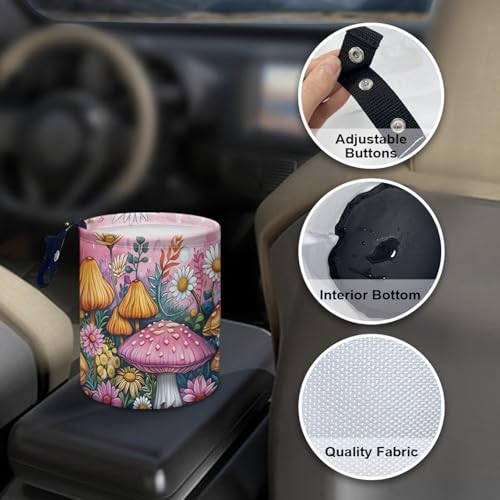 Image of Pink Mushroom Floral Car Garbage Can Small Trash Can with Leak Proof Inside Liner And Hanging Strap Auto Organizer Portable Auto Essentials