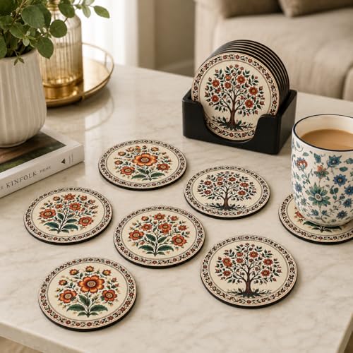 Image of Zesta Coasters for Cups Set of 6 / Wooden Coasters for Bar Accessories for Home /Tea Coaster Set of 6 / Waterproof Dining Table Decor Glass Cover (Floral, Circle)