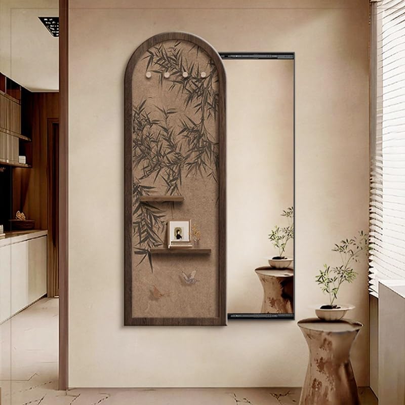 PFCDZDU Pegboard Panels with Full Body Mirror, Solid Wood Display Organizer Hanging Paintings for Living Room Bedroom Office, Adjustable Storage Shelves & Hooks(C,65x185cm)