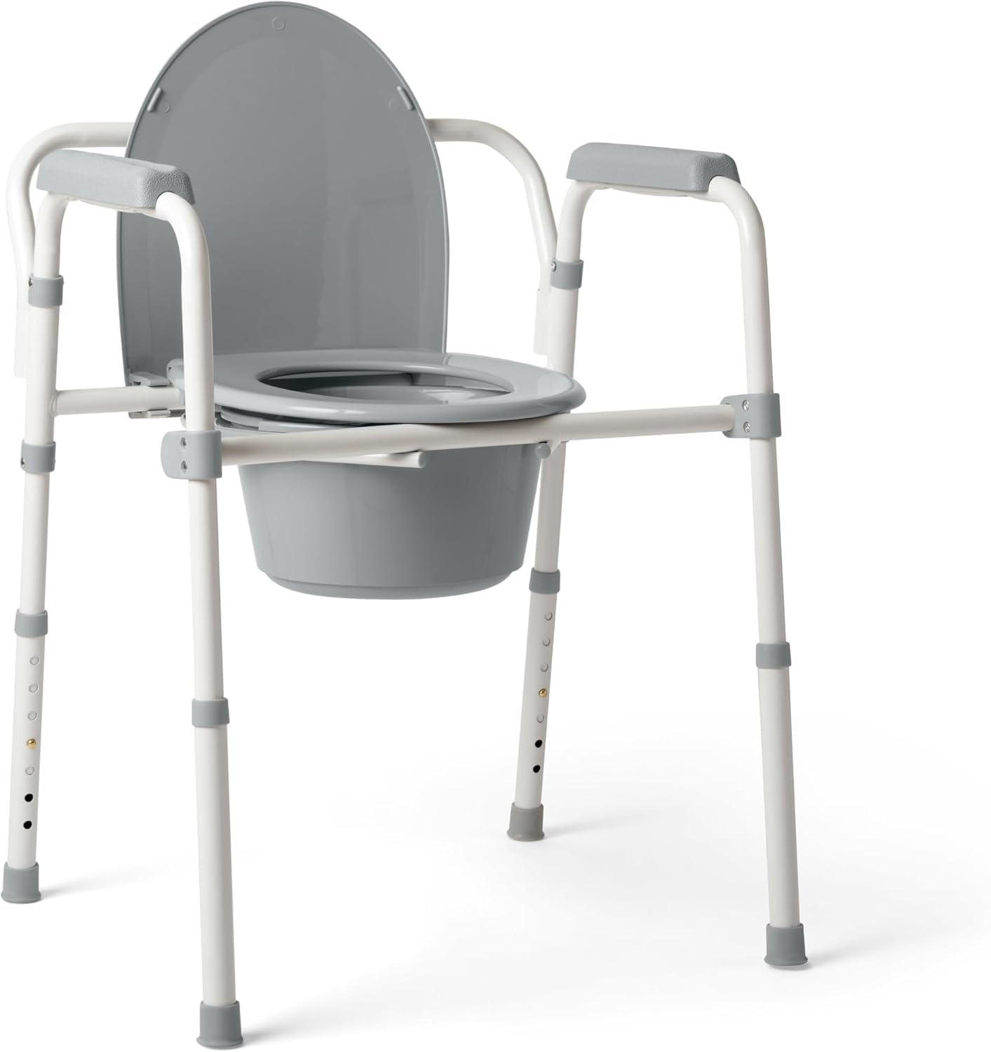 Caring 3-in-1 Bedside Commode Chair – Steel Folding Frame, 7.5 QT Bucket, 350 lb Weight Capacity, Clip-On Toilet Seat, Bathroom Safety Aid for Seniors, Tool-Free Assembly – Gray