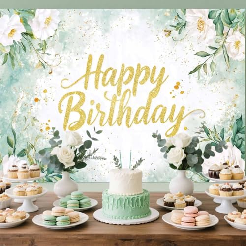 Image of Sage Green Birthday Decoration Backdrop 72X44inch Banner Greenery Eucalyptus Leaves Flower Floral Birthday Party Banner Background Party Decorations for Women Adults Girls