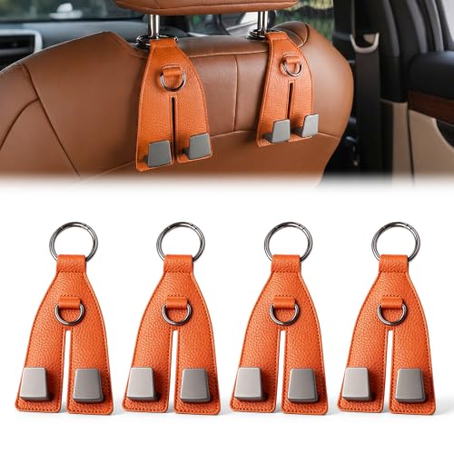 Image of Premium Leather Wrapped Design (Orange, 4pcs) | Double Hook Storage | Space Saving Car Organizer | Easy Headrest Installation