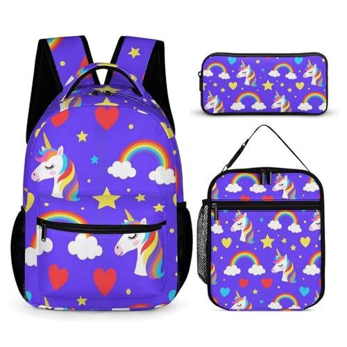 Backpack Book Bags with Lunch Box Storage Bag Backpack Set Daypack with Lunch Bag and Cosmetic Bags (Cute Unicorns (29))