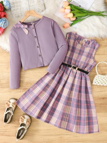Image of PureChapter Girls' Preppy Clothes Plaid Vest Dress Cardigan Jacket Belt Cute Kids Clothes 7-14Y Green