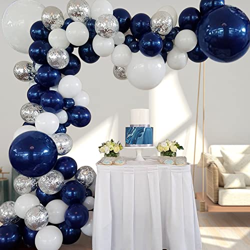 Image of Zesliwy Navy Blue Silver Balloons Garland Kit, White Confetti, Party decor | Dark Blue White Silver Confetti Balloons Arch Kit, for Birthday Party Bridal Shower Wedding Graduation Class of 2026 Prom