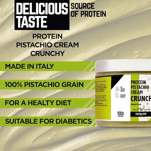 Image of EATALIAN by AMZ BETTER Spreadable Crunchy Pistachio Protein Cream 17.63 oz / 500 gr, Pistachio Cream with Grains, Protein Paste, Sweet Taste, Ideal on Bread Excellent for Dubai Chocolate, Made in Italy