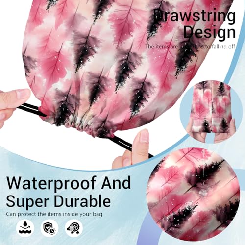 Image of Pink Pine Trees Grip Bags Winter Holiday Gymnastics Drawstring Bag for Women Gym Gymnasts