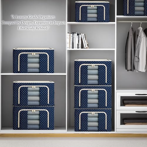 Image of CLAPONE Foldable Steel Frame Cloth Organizer Storage Box and Organiser /Wardrobe Organizer for Storage /almirah for Sarees /Shirts /Blankets /Clothes Storage Box (Blue, 24 Ltr Pack Of 4)