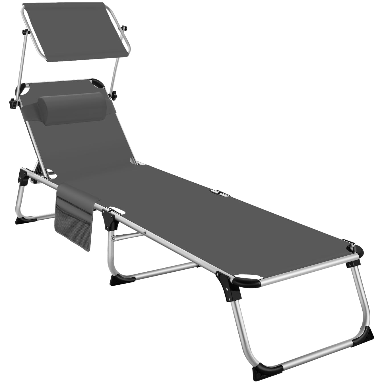 TecTake® Tumbona Jardín Exterior de Aluminio, Tumbona Plegable con Reposacabezas, Parasol y Bolsillo Lateral, Tumbona Playa Reclinable en 6 Posiciones, Tumbona Piscina Resistente a Intemperie - Gris
