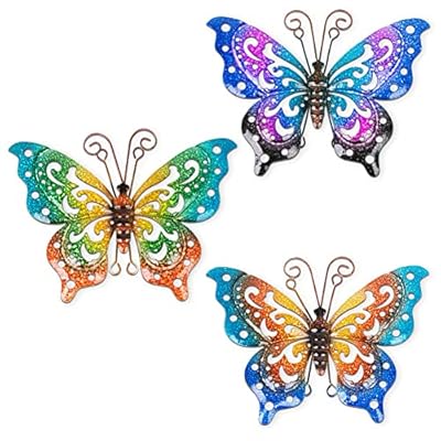 dreamskip 3 Pack Metal Butterfly Wall Decor, Colorful Metal Butterfly Outdoor Wall Art, Hand-Made Outdoor Wall Decor For Garden, Patio, Fence, Yard