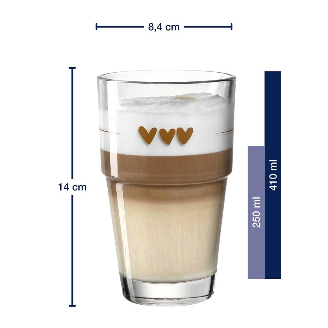 LEONARDO HOME Solo Latte-Macchiato Gläser 6er Set, Glas-Becher mit Herzen Aufdruck, spülmaschinengeeignete Kaffee und Cappuccino Glas, Herzchen Motiv, 410 ml, 043467