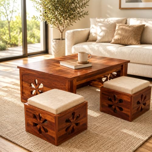 Image of Solid Sheesham Wooden Coffee Table with 2 Cushioned Stool|Teapoy Center Piece for Home Sofa Center Table for Living /Drawing Room,Hall|Space Saving Tea Table Set(Honey Finish) Floral Jali