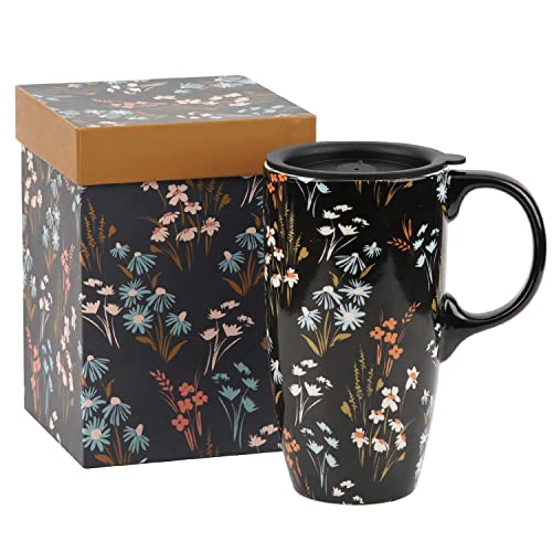 DUSVALLY 17oz Ceramic Travel Mug with Lid & Handle, Porcelain Coffee Cup with Gift Box, Dishwasher & Microwave Safe