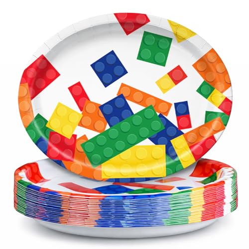 Funnymoom 50 Pcs Building Blocks Oval Paper Plates Large 11 Disposable Playing Gathering Plates Decorations Colorful Building Blocks Platter for Dinner Birthday Tableware Baby Shower Party Supplies
