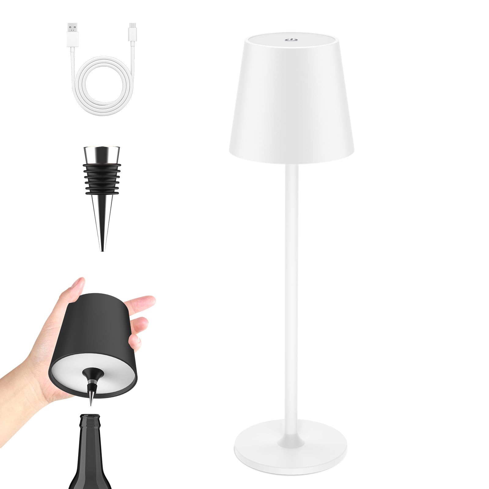 YICAIZI LED Tischlampe Kabellos Akku Tischlampen mit Flaschenverschluss Stufenlos Dimmbar Aufladbar Tischleuchte mit 3 Farbtemperatur für Outdoor, Wohnzimmer, Schlafzimmer, Nachttisch, Reinweiß