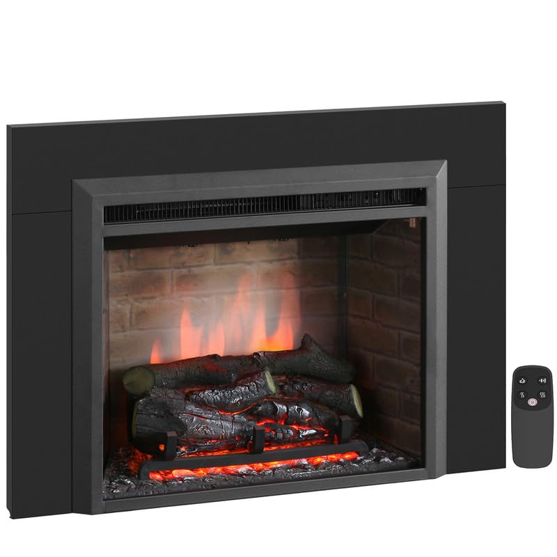 PuraFlame Western 23" Electric Fireplace Insert with Trim Kit, Fire Crackling Sound, Resin Log, Remote Control, 750/1500W Heater, Black