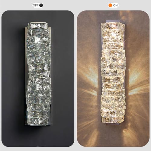 Image of LED Crystal Wall Sconce Silver Crystal Bathroom Vanity Light Fixtures with 3 Color Temperature, Indoor Dimmable Wall Mount Light for Bedroom Living Room,Set of 2