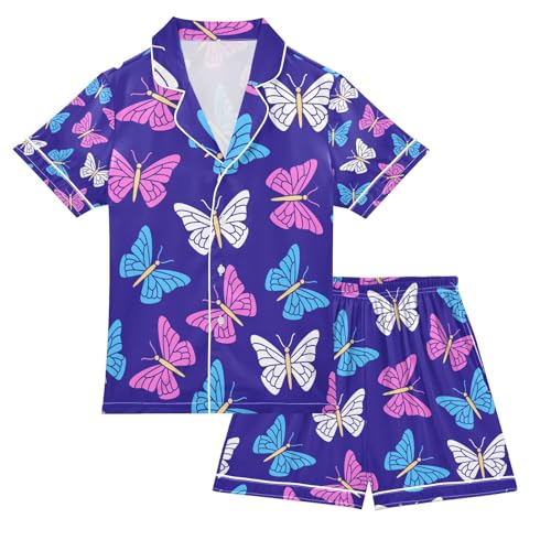 senya Butterflies Blue Satin Summer Pajama Sets Silk Short Sleeve Button Down Sleepwear