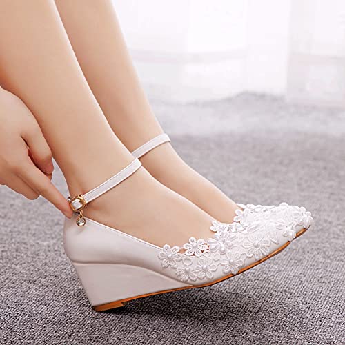 Women's Ankle Strap Buckle Wedges Heel Bridesmaid Wedding Shoes, Sexy Dress Bridal Heels, Closed Toe Bride Pumps3