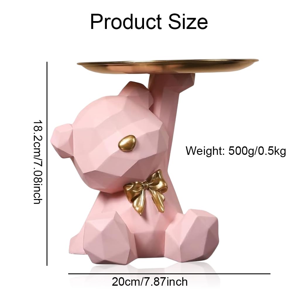 Statua di Orso con Vassoio, Statua Orso Geometrico, Svuotatasche da Ingresso Design, Sculture Moderne Design, Vassoio portaoggetti per soggiorno, ingresso, ufficio, decorazione da scrivania, Rosa