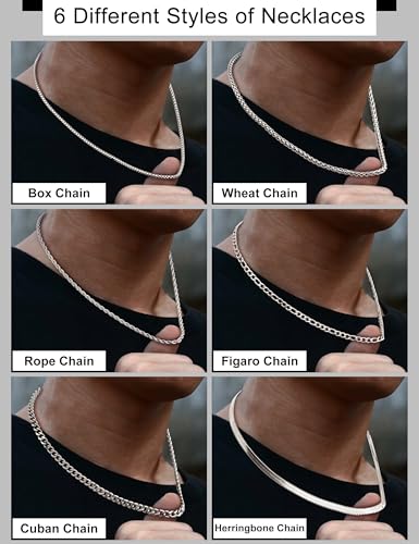 LOLIAS Silver Chain Necklace for Men Women - 6Pcs Stainless Steel Cuban Link/Rope/Box/Figaro/Herringbone/Wheat Chain Layered Stacked Necklace Set 16/18/20/22/24 Inches3