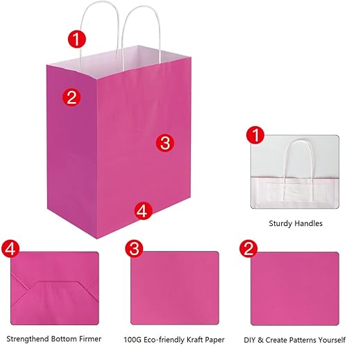 Miniatura 3 de Oikss Paquete de 50 bolsas de papel medianas de 8 x 4.75 x 10 pulgadas con asas a granel, bolsas de papel kraft rosa de papel kraft para cumpleaños,