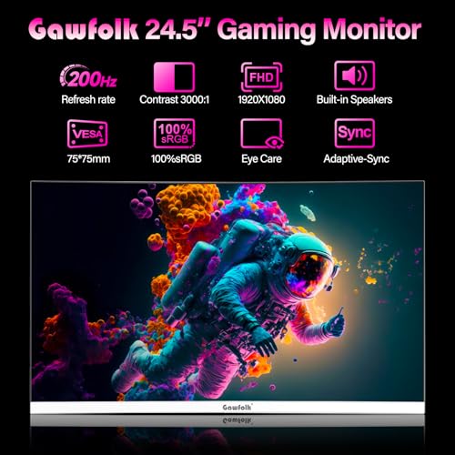 Gawfolk 24,5 Zoll Gaming Monitor mit Lautsprechern, 200 Hz PC Bildschirm FHD 1080P Rahmenlose Computermonitore, DisplayPort, HDMI, Augenpflege – Bild 3