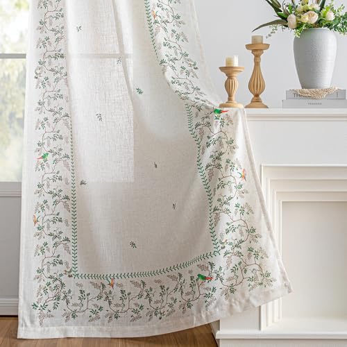 Image of MYSKY HOME Boho Linen Blend Curtains 84 inches Long for Living Room Leaf Bird Patterned Farmhouse Drapes Light Filtering Privacy Protect Soft Touch Treatment Back Tab for Home, 50 inch Wide, Green, 2 Pcs