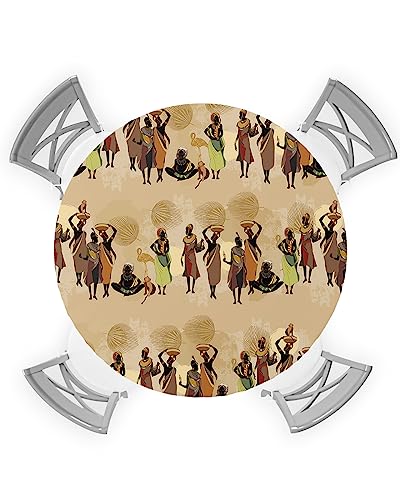 African Women Round Waterproof Table Cover Fitted Tablecloth,Wipeable Fabric Elastic Table Cloth Oil-Proof Tablecover for Indoor Outdoor Picnic,Vintage Brown Native American Ethnic Bohemian 36