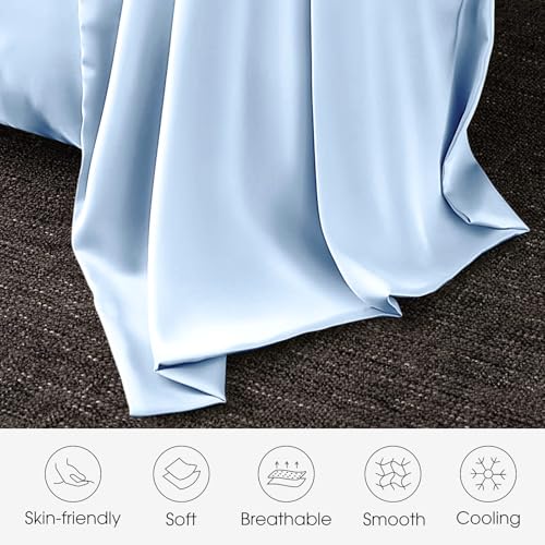 Image of 100% Silk Pillow Cases 2 Pack King Size Mulberry Silk Pillowcase for Hair and Skin Set of 2 Highest Grade 6A Silk Soft Breathable Cooling with Hidden Zipper, Sky Blue