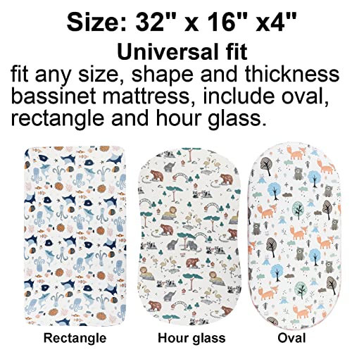 Image of Onacosht Bassinet Sheets for Baby Boy and Girl, Stretchy Fitted Sheet Universal for Bassinet Cradle Hourglass Oval Rectangle Pad /Mattress, 4 Pack Undersea Fish, Animal and Dinosaur Printing