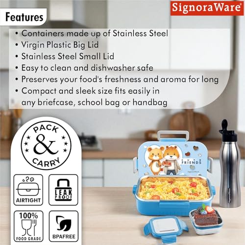 Image of SIGNORA WARE Delight C Chipmunk Stainless Steel Printed Lunch Box Set for Kids | Airtight Clip Lock Lid | Compact & Sleek Size | Great for Picnics & Outdoors (850ml + 160ml + 750ml Bottle | Sky Blue)