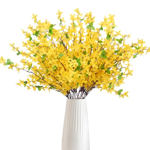 LXYANW Flores Artificiales Decoracion, 4 Piezas Ramos de Artificiales de Flores de Jazmín de Invierno Flores de Seda Amarilla para arreglo de Boda, Centro de Mesa de Fiesta, hogar, Cocina, decoración