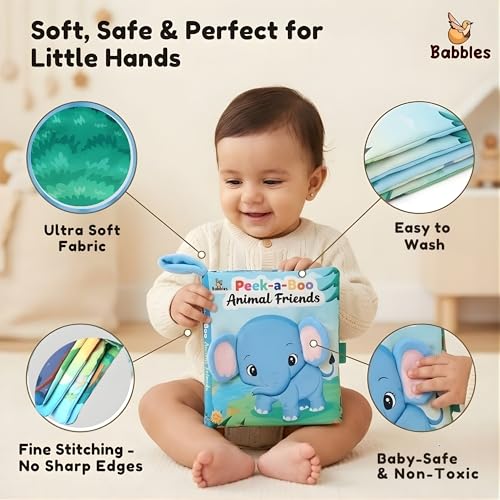 Image of Babbles Peek-A-Boo Animal Baby Book, Soft Cloth Book for Infants & Toddlers with Crinkle Pages, Flaps & Textures, Sensory Play Toy, Gift for Baby Ages 6 Months and Up