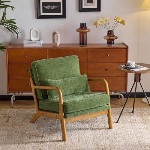Bonnlo Accent Chair Soild Wood Padding Lounge Armchairs Occasional Reading Chair with Cushions and Lumbar Pillow Armchairs for Living Room Bedroom Guest Room Chenille (Olive Green)