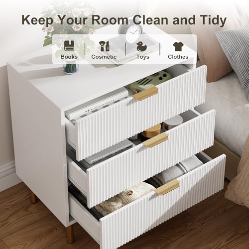 GarveeHome White 3 Drawer Dresser for Bedroom, Large Nightstand Chest of Drawers, Modern Wood Storage Dresser Organizer with Gold Metal Handles & Anti-Tipping Device for Hallway, Entryway